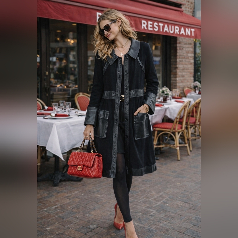DIANE VON FURSTENBERG Black Button Front Coat 100% Leather Trim Wms Size…